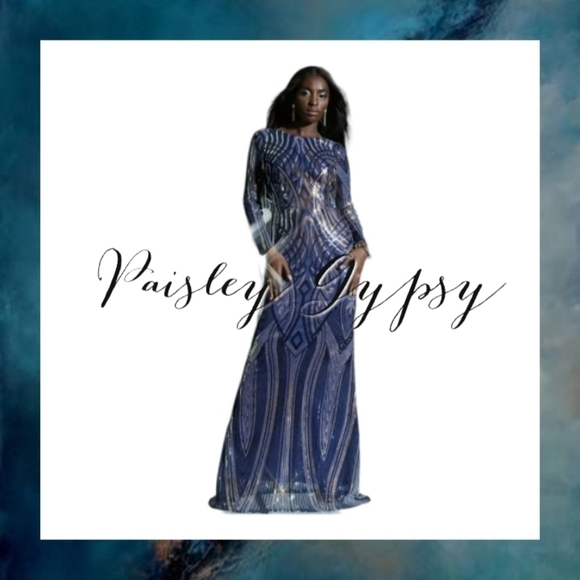 Sophisticated Long Sleeve High Neckline Sequin Formal Gown - Picture 2 of 13